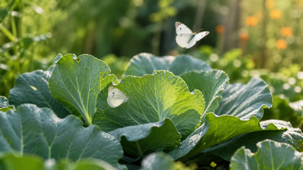 Papillon blanc posé au-dessus de plants de choux dans un jardin potager verdoyant