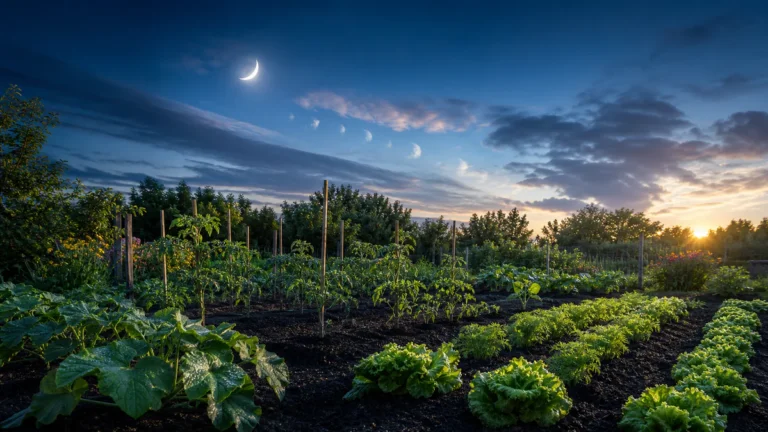 Healthy vegetable plants in prepared garden soil beneath a luminous crescent moon, symbolizing lunar gardening guided by real