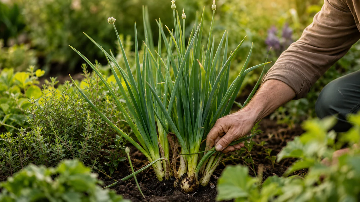 Touffe de poireaux perpétuels cultivée durablement au potager, avec des feuilles récoltées à la main dans une lumière douce.