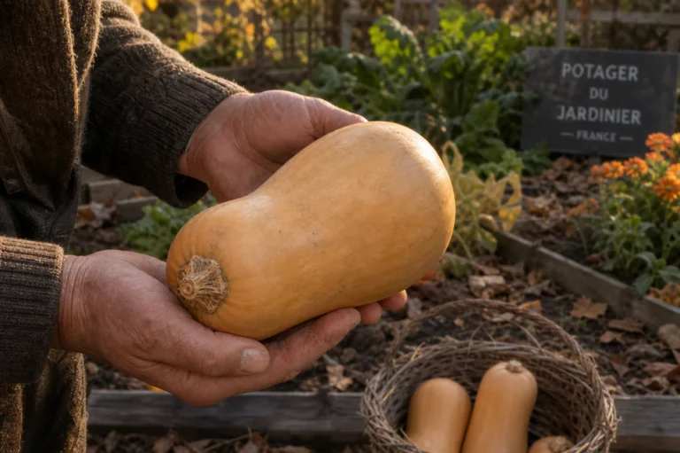 Mains de jardinier examinant une courge butternut mûre à la peau beige et au pédoncule sec dans un potager en automne