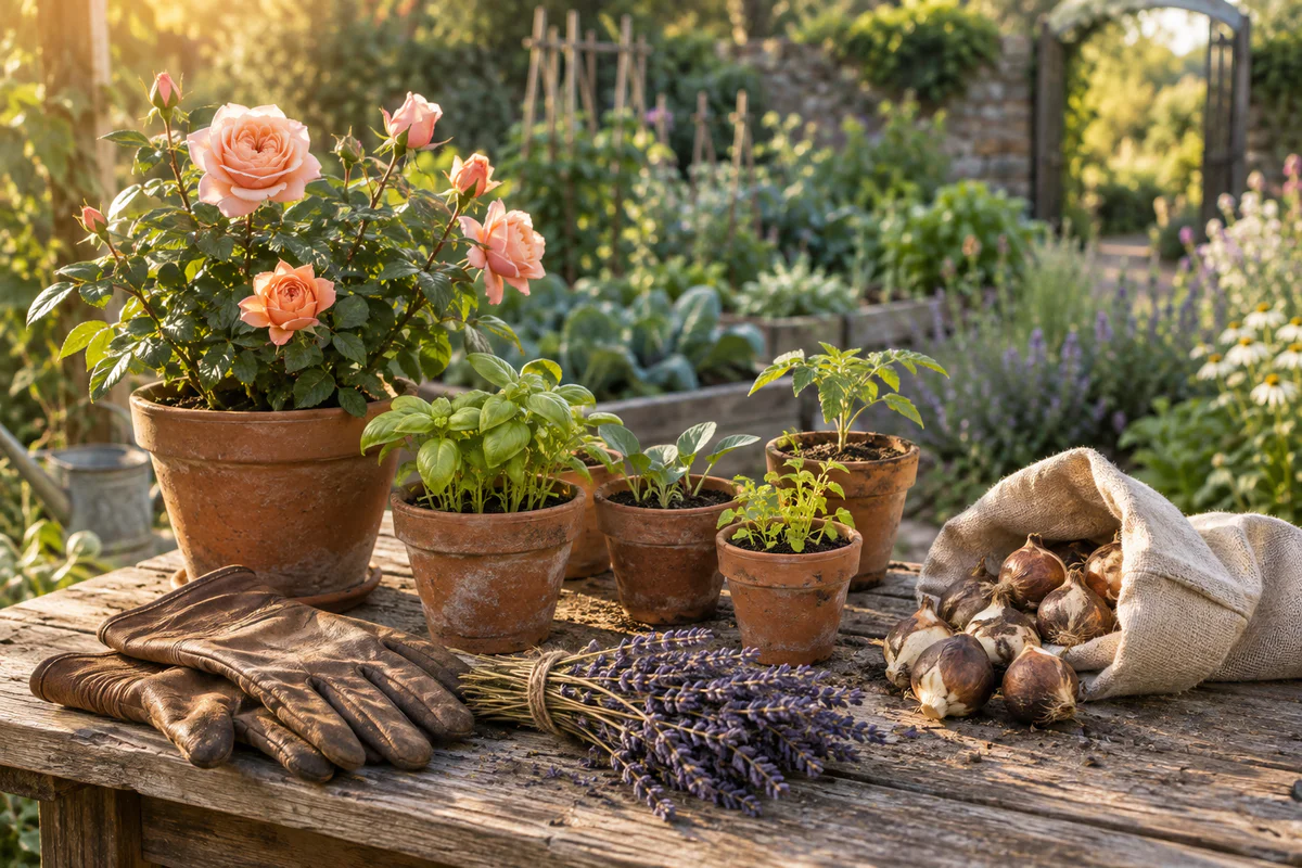 Professional garden scene with a rustic potting table displaying curated potted plants, flower bulbs, and gardening accessori
