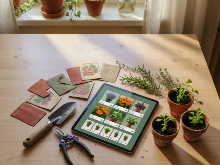 Flat-lay photograph of a tablet displaying a digital plant catalogue surrounded by terracotta pots with seedlings, seed packe