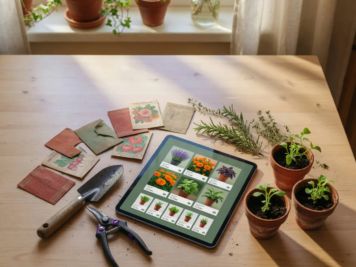 Flat-lay photograph of a tablet displaying a digital plant catalogue surrounded by terracotta pots with seedlings, seed packe