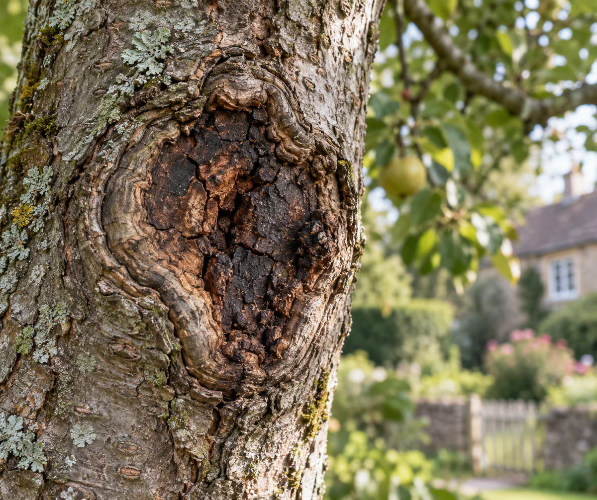 Close-up photograph of a fruit tree trunk showing a characteristic canker lesion with dark sunken bark surrounded by a raised