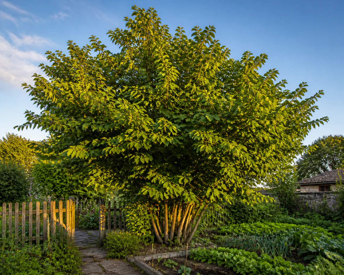 Mature hazelnut tree in full summer foliage standing approximately five meters tall in a well-tended French garden, showing i