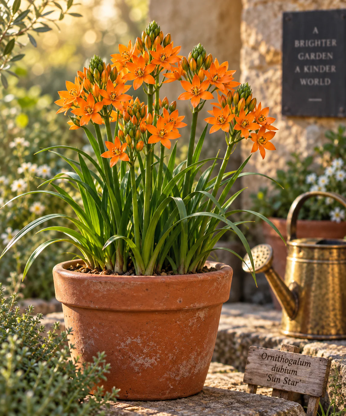 Professional editorial photograph of a flowering Ornithogalum dubium (Sun Star) plant in a terracotta pot, featuring bright o