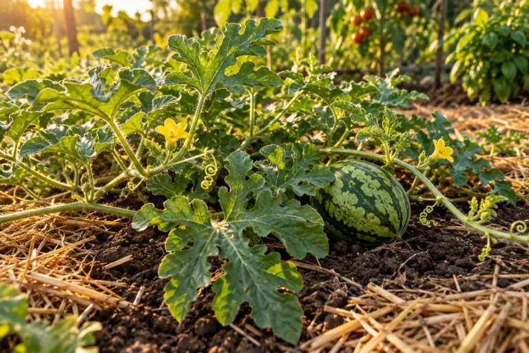 Pied de pastèque en pleine santé dans un potager ensoleillé, montrant ses tiges rampantes, ses feuilles lobées caractéristiqu