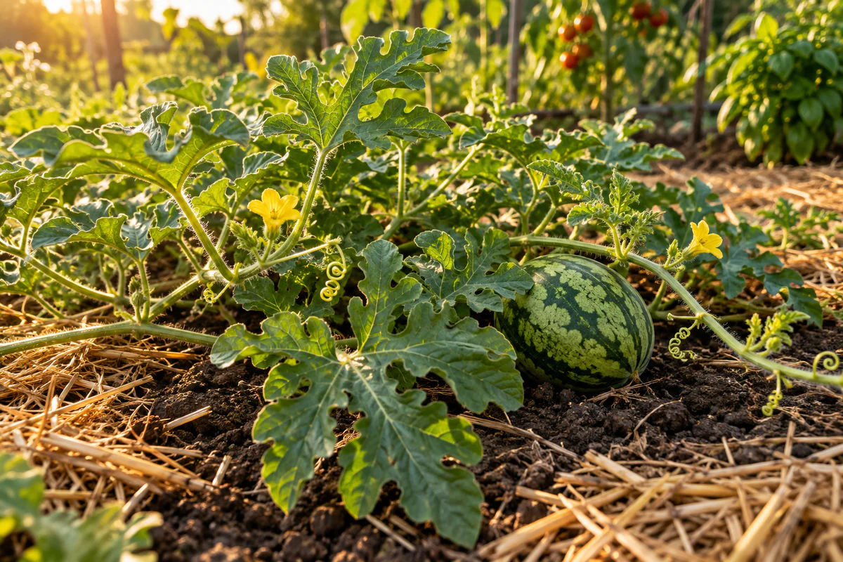 Pied de pastèque en pleine santé dans un potager ensoleillé, montrant ses tiges rampantes, ses feuilles lobées caractéristiqu