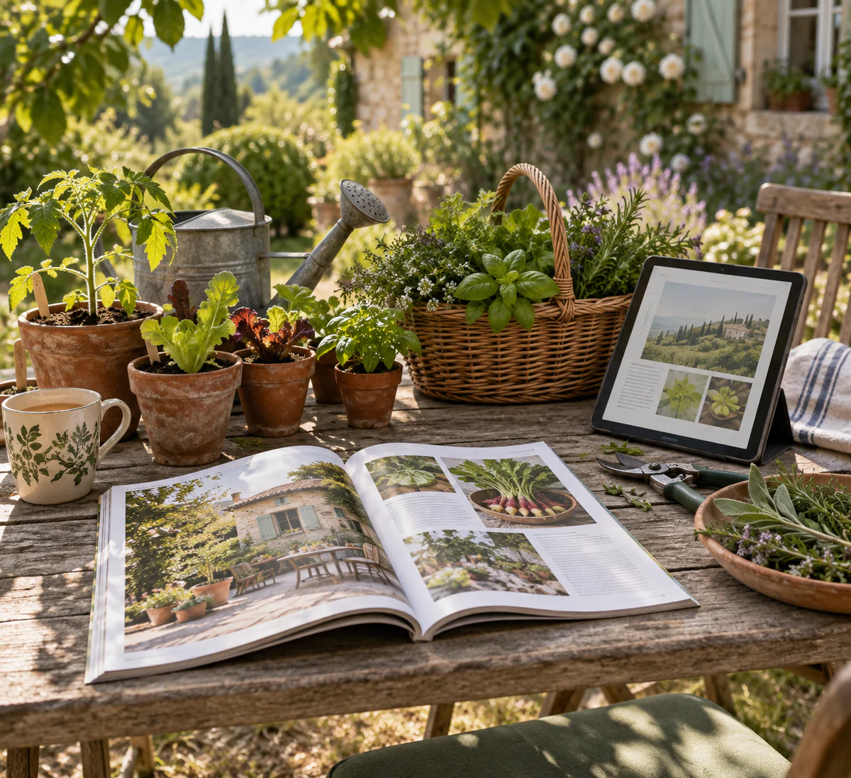 Lifestyle photograph of an open gardening magazine on a rustic wooden garden table surrounded by potted seedlings, fresh herb