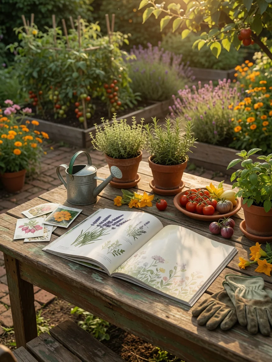 An open garden catalogue displayed on a rustic wooden table in a sunlit kitchen garden, surrounded by terracotta pots, fresh