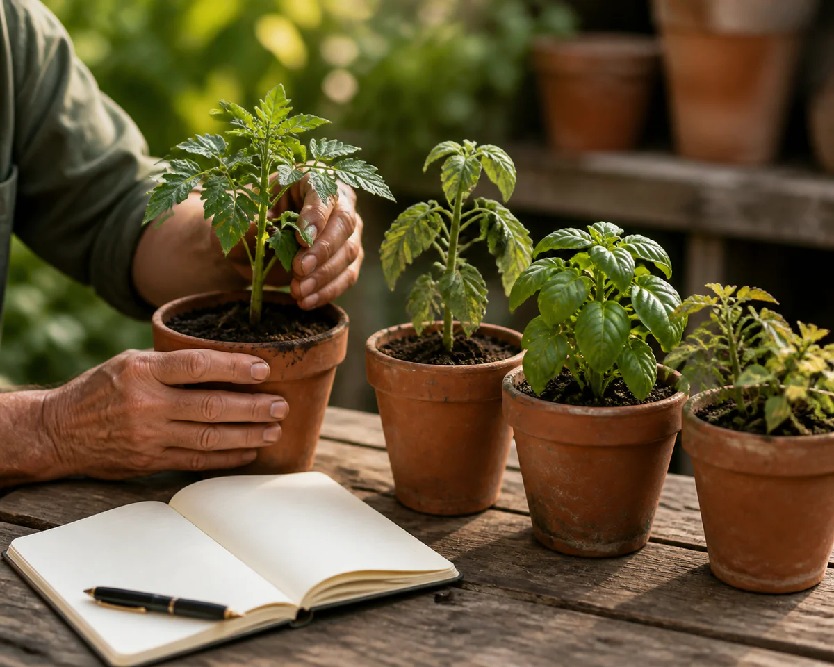 Gardener's hands carefully examining young potted plants of varying conditions on a rustic wooden table, with a notebook for