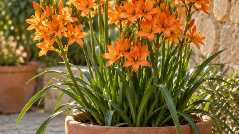 Ornithogalum dubium en fleurs orange dans un pot de terre cuite, sur une terrasse ensoleillée face à un jardin verdoyant.